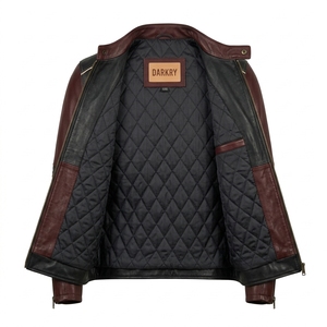 Chaqueta de Cuero Personalizada OEM para Hombre, Color Granate y Negro, con Codo Acanalado, Estilo Motero, Piel Genuina de Vacuno, Ropa Exterior, Venta al por Mayor, Fabricante Directo - Product Image 5