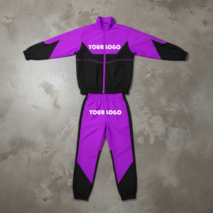 Conjunto Deportivo Unisex Morado y Negro con Bloques de Color, Chaqueta con Cremallera Completa y Cuello Alto, Estilo Deportivo, Transpirable, de Poliéster, para Adultos - Product Image 1