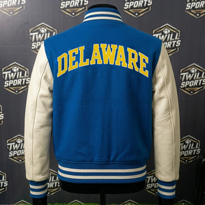 Delaware <b>Varsity</b> <b>Jacket</b> <b>Men's</b> Blue Leather Sleeve Embroidered Letterman <b>Bomber</b> Preppy Style Winter Casual Customized Colors - Product Image 3