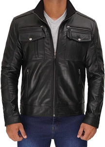 Chaqueta de cuero genuino negra para hombre, con cuello alto, estilo motociclista, informal, con cremallera, múltiples bolsillos, elegante, para invierno. - Product Image 2