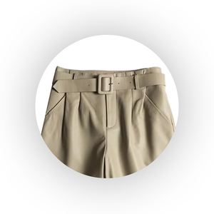 Jupe-short taille haute beige avec ceinture, décontractée, respirante, en polyester/coton, coupe ajustée, pantalon femme tricoté couleur unie - Product Image 4