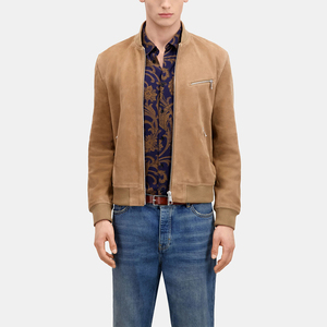Suede <b>Leather</b> <b>Jacket</b> Round Neck Beige Color <b>Long</b> Sleeves <b>Jacket</b> With Zipped Pocket - Product Image 2