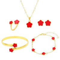 Parure de bijoux pour femme en alliage de zinc plaqué or, motif trèfle à cinq feuilles porte-bonheur, comprenant bracelet, collier, boucles d'oreilles et bague, idéal comme cadeau