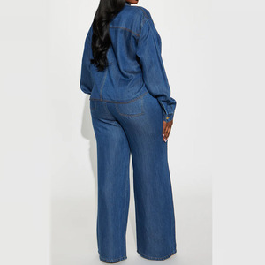 <b>Women</b> Denim Tracksuit Oversized Button Up <b>Jacket</b> And Drawstring Pants Set Casual Streetwear Full Length Solid - Product Image 2