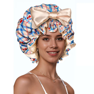 Gorro de Seda para Dormir para Mujer, Gorro de Satén Estampado para el Cabello con Banda Ajustable y Lazos para Cabello Rizado - Product Image 1