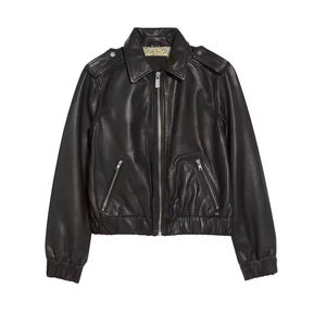 Veste en cuir PU marron pour homme, col rabattu, fermeture éclair, style décontracté, manteau d'automne uni - Product Image 4