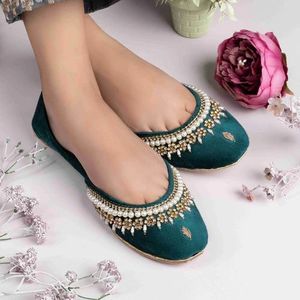 Zapatillas de Ballet Verdes de Satén con Adorno de Perlas, Punta Puntiaguda, Sin Cordones, Zapatos Planos para Mujer - Product Image 3