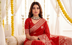 Sari de Seda Roja con Bordado Dorado, Traje Tradicional Indio para Bodas, para Mujer, Largo hasta el Suelo, Corte Regular, para Todas las Estaciones, Protección Solar - Product Image 6