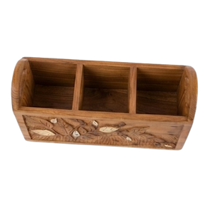 Porte-ustensiles de table en teck sculpté brun, organisateur de cuisine unique, fait main en bois de manguier, plateau de service - Product Image 2