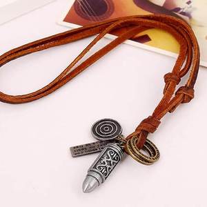 Fashion Jewelry Set Bullet Necklace & Brown Leather Bracelet for Men - Product Image 5