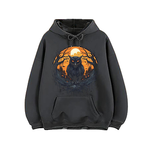 Sweat à capuche noir pour homme, imprimé hibou, lune et forêt, coupe décontractée oversize, idéal pour l'automne, service OEM, impression sérigraphique - Product Image 6