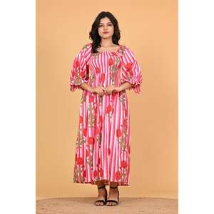 Robe longue maxi bohème 100% coton imprimé au bloc, écologique, pour femme, smockée, style indien, idéale pour les fêtes estivales - Product Image 3