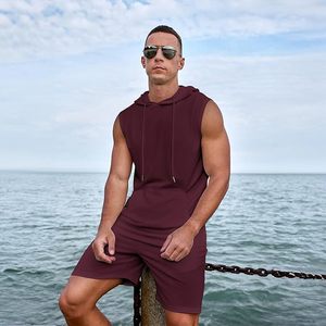 Conjunto Deportivo de Hombre sin Mangas con Capucha, Color Sólido, Secado Rápido, Transpirable, Informal, para Verano, Ligero, Pantalones Cortos de Poliéster - Product Image 1