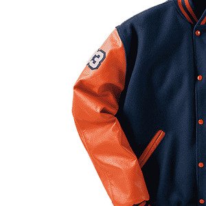 Veste varsity bleu marine pour homme, patchwork, manches en PU orange, logo brodé lettre C sur le devant, style preppy, écologique - Product Image 4