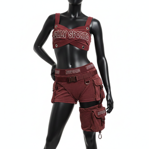 Maillot de bain femme premium 260 GSM en coton, polyester et élasthanne, bordeaux, avec panneau cargo et ceinture, design logo personnalisé - Product Image 6