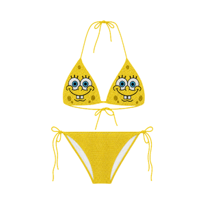 Conjunto de Bikini con Cuentas de Color Amarillo, Bordado de Cara de Dibujos Animados, Cuello Halter y Cordones, Ropa de Playa de Verano para Mujeres y Niñas - Product Image 1