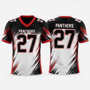 Maillot Panthers 27 pour homme, noir, rouge, blanc, col en V, manches courtes, évacuation de l'humidité, vêtements de football américain, maille polyester - Product Image 1