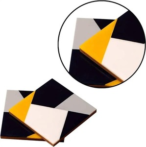 Modern Square Ceramic Coaster Set With Geometric Black Yellow White Design Non-Slip Mats & Pads - Product Image 4