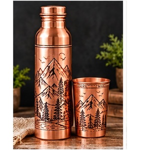 Handcrafted Copper <b>Water</b> <b>Bottle</b> Set with Leaf Engraving and Cup Vintage Eco Friendly <b>Metal</b> Drinkware - Product Image 2