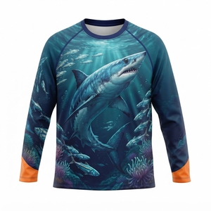 เสื้อตกปลาแขนยาวผู้ชาย สีน้ำเงินเขียว ลายฉลาม พิมพ์ลายแบบซับลิเมชั่น ป้องกันรังสียูวี UPF 50 โพลีเอสเตอร์ - Product Image 1