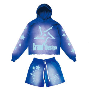 Ensemble de survêtement unisexe personnalisé avec sweat à capuche court et short imprimé étoiles, en molleton 100% coton, vente en gros, fabricant OEM - Product Image 2