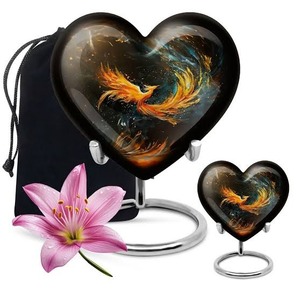 Heart Shape Cremation Urn with Phoenix Design Black Adult Urn with Stand and Bag Customizable Decorative <b>Memorial</b> <b>Keepsake</b> Urns - Product Image 1