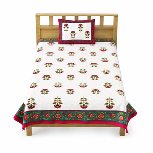 Hand Block Printed Cotton Bedsheet Floral Border Heritage Single Design with <b>Pillow</b> Cover for Home Hotel Bedding - Product Image 3