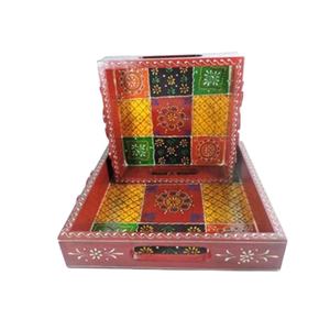 Plateaux de service carrés en bois faits à la main, lot de 2 (Art Déco) - Résistants à la chaleur, fonction coulissante, pour mariage, Diwali, anniversaire, Pâques - Product Image 1