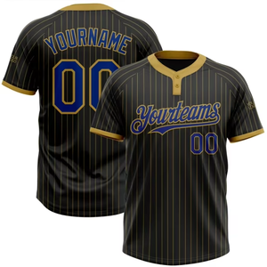 Maillot de baseball noir à fines rayures pour homme, uniforme d'équipe personnalisé, bordure jaune, boutons sur le devant, manches courtes, 100 % polyester sublimé - Product Image 4