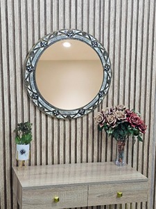 Miroir rond de mariage moderne de qualité supérieure avec motif en bois incrusté Boone, écologique, couleur personnalisée, type mural - Product Image 1