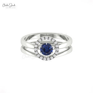 Bague Halo en Or Massif 14K au Design Moderne avec Saphir Bleu Naturel Rond de 5mm et Diamants, Faite à la Main, Empilable, pour Usage Quotidien - Product Image 2