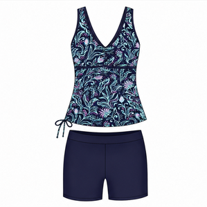 Nouveau Maillot de Bain Tankini 2 Pièces Bleu Floral Col V pour Femme 2026 avec Cordon de Serrage et Dos Nageur, Maillot de Bain Athlétique Fabriqué au Pakistan - Product Image 1