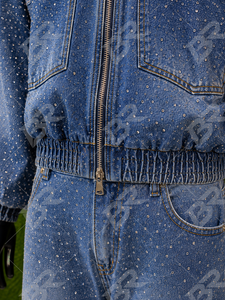 Blue Wash Denim <b>Bomber</b> <b>Jacket</b> Set <b>Vintage</b> Distressed Zip-Up Short Sleeveless Solid Autumn Winter Outerwear Casual Streetwear - Product Image 6