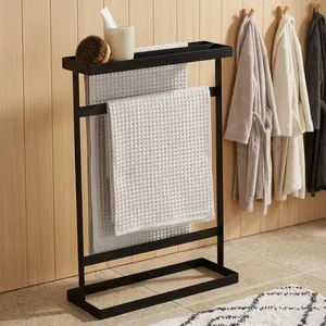 <b>Freestanding</b> Metal Towel Rack with Storage Shelf Modern Bathroom Organizer Stand Dual <b>Bar</b> Holder Space Saving - Product Image 6