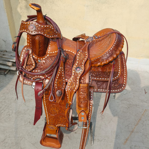 Selle de course de baril pour chevaux, nouveau style premium |   Cuir entièrement sculpté à la main avec motifs floraux |   Équitation professionnelle haute performance - Product Image 1