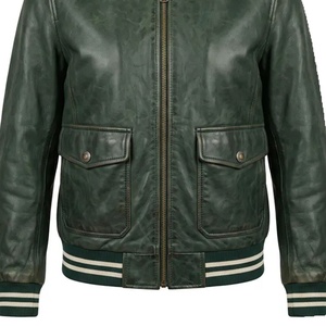 Chaqueta Bomber de Cuero Genuino para Hombre, Estilo Universitario, Verde Oscuro, Chaqueta de Piloto Vintage, OEM, con Rayas y Ribetes, Prenda Exterior Deportiva - Product Image 5