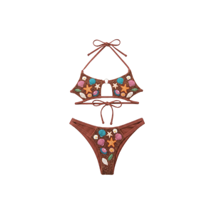 Women's Solid Brown Halter Neckline Two-Piece Bikini Set with Sea-Life Pattern Hand Embroidered Beading Women's Bikini Swimwear - Product Image 1