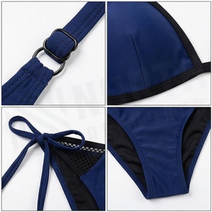 Women's Navy <b>Blue</b> Halter <b>Bikini</b> <b>Set</b> With Mesh Panels And Contrast Binding Regular Fit Two Piece Swimwear - Product Image 4