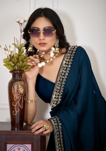 Sari de Seda y Algodón Bordado KV, Reversible, Sin Arrugas, Estilo Bollywood, para Fiesta - Product Image 4