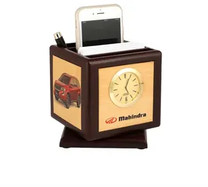 Best Business Corporate Gifts Set Healthcare Employee Gift Custom Logo Wood Set Clock and Calender Holder desktop wooden crafts