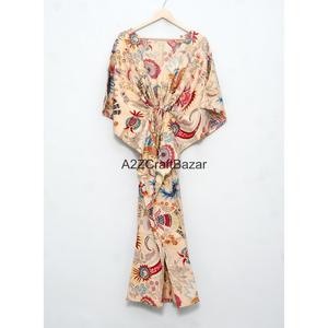 Kaftan pour femmes, robe maxi décontractée et élégante, 100% coton respirant, écologique, imprimé à la main, coupe régulière, col en V, sans manches - Product Image 6