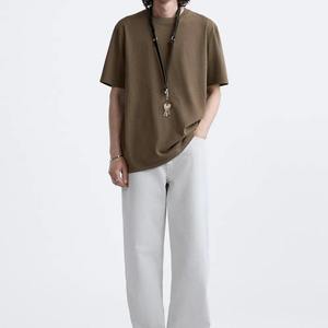 <b>Khaki</b> Crew Neck <b>Men's</b> Casual Short Sleeve 100% Cotton Breathable Quick Dry High Street Summer Basic Streetwear Tee - Product Image 6