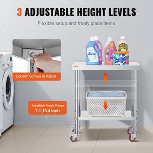 โต๊ะทำงานสแตนเลสสำหรับครัวเชิงพาณิชย์ รับน้ำหนักได้ 700 ปอนด์ ขนาด 30 x 12 x 34 นิ้ว พร้อมล้อ 4 ล้อ ปรับได้ 3 ระดับ - Product Image 5