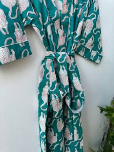 Bird Print Cotton Kimono Robe Bohemian Bridal Loungewear Dressing Gown - Product Image 3
