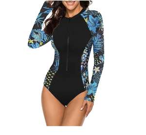 Traje de Baño de Una Pieza con Protección Solar UPF 50+ y Cremallera, Estampado Animal, Manga Larga, Material Spandex/Nylon para Surf y Buceo - Product Image 1