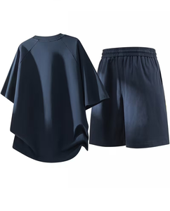 Men Navy Blue Sporty Breathable Polyester/Cotton T-Shirt Set Crew Neck Quick Dry Knitted Shorts Summer Casual Outfit - Product Image 4