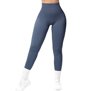 <b>High</b> <b>Waist</b> Full Length Ribbed <b>Leggings</b> Solid Color Seamless Spandex Cotton Four-Way Stretch Women Yoga Pants - Product Image 5