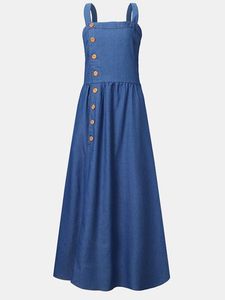 Vestido Midi Azul Vaquero sin Mangas con Pliegues Escalonados, Estilo Espalda Descubierta con Botones Delanteros para Fiestas Casuales - Product Image 4