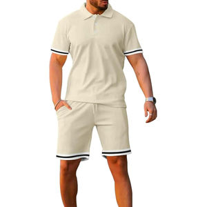 Ensemble deux pièces pour homme, short à manches courtes, ensemble deux pièces décontracté à manches courtes, couleur unie, coupe slim - Product Image 1