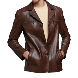 Men's Brown Genuine Leather Jacket Turn-down Collar Zipper Pockets Casual Winter Wear <b>Waterproof</b> Breathable Quick Dry - Product Image 1